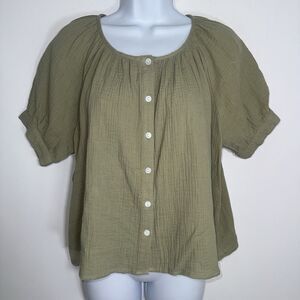 Marea Green 100% Cotton Gauze Button Front Bubble Sleeve Top Blouse Women XS